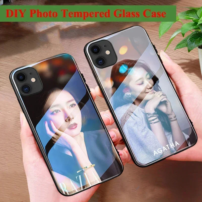 Custom Photo Tempered Glass Case for iPhone 15 14 13 12 Pro Max Mini 11 XR SE XS 8 7 Plus 6s Plus Cover Unique Bumper DIY Shell